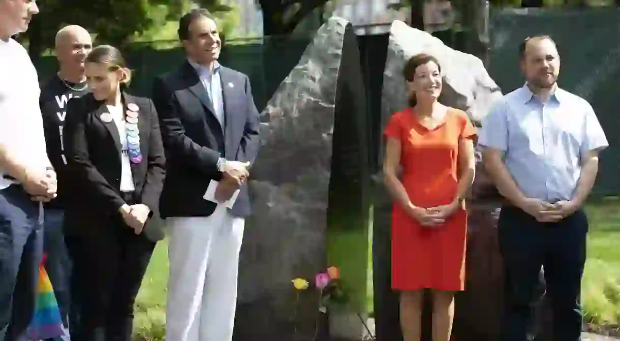 Governor Andrew M. Cuomo and Council Speaker Corey Johnson attend the unveiling of New Yorks first official LGBTQ monument on June 24, 2018, in Hudson River Park.