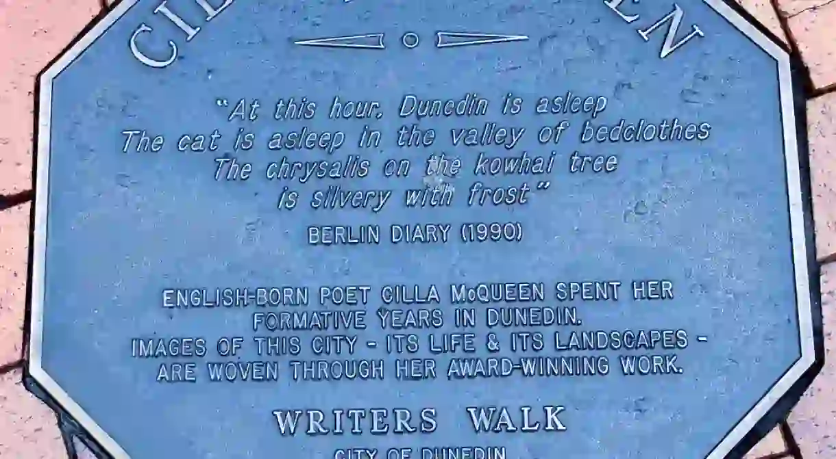 Plaque dedicated to Cilla McQueens poetry in Dunedin, New Zealand