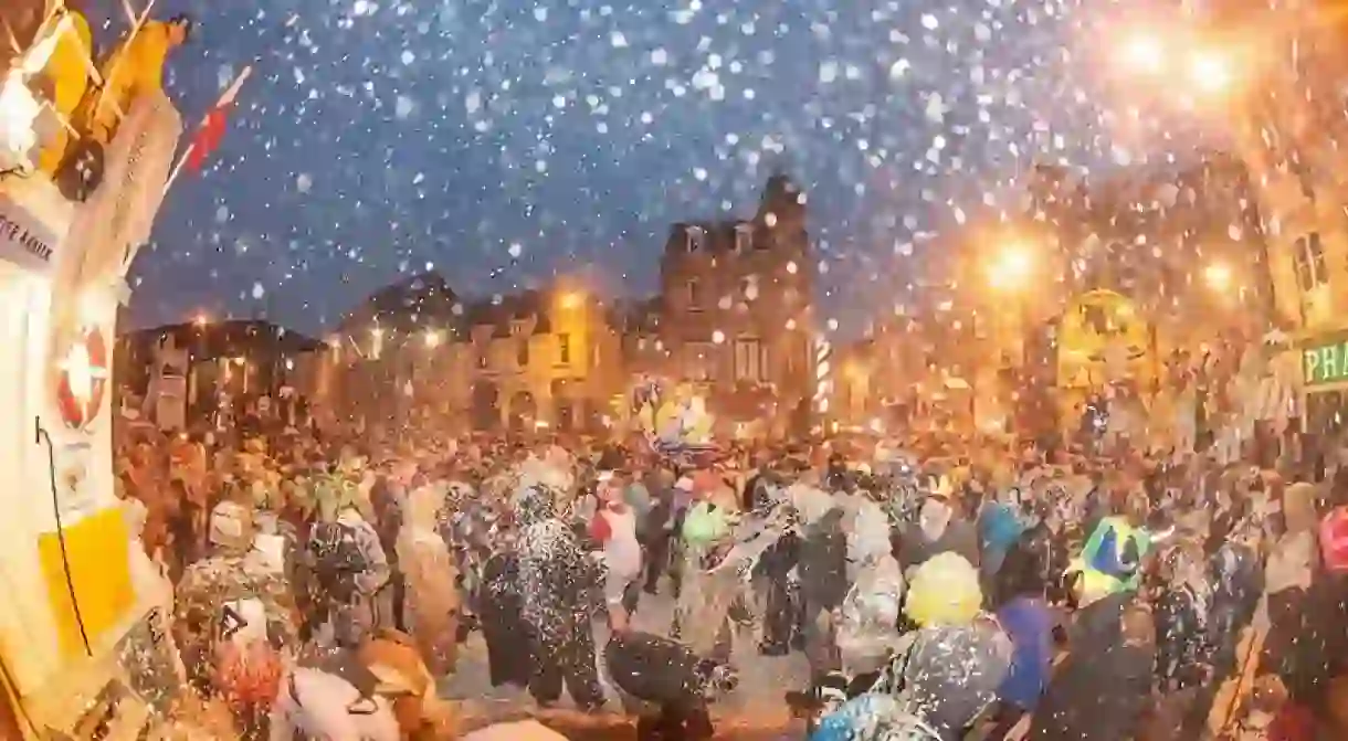 Raining confetti at the Granville Carnival