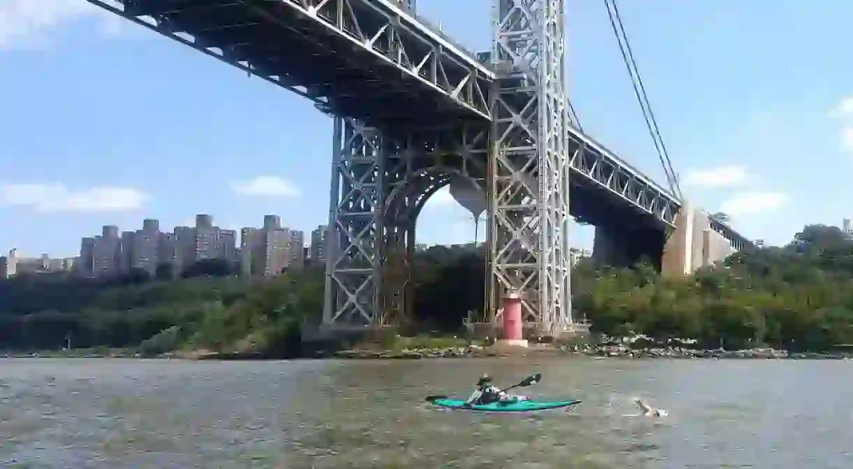 Passing under the George Washington Bridge during the 2017 20 Bridges Swim