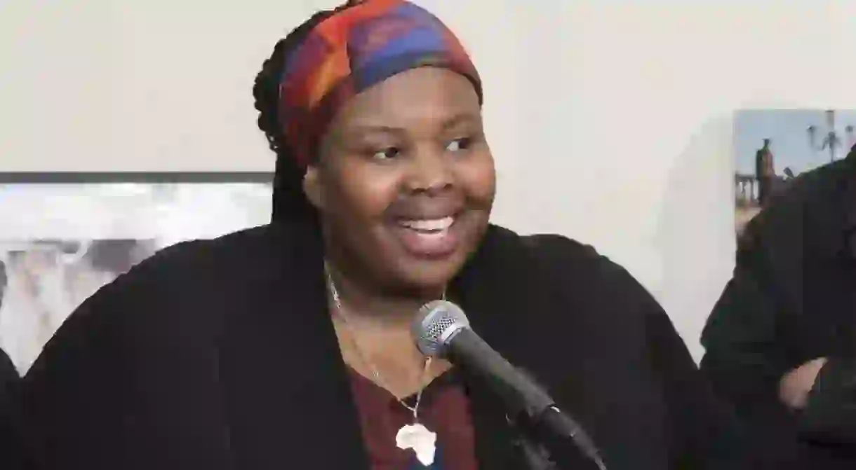 Khadija Saye talking at the opening of the Diaspora Pavilion, Venice, 2017