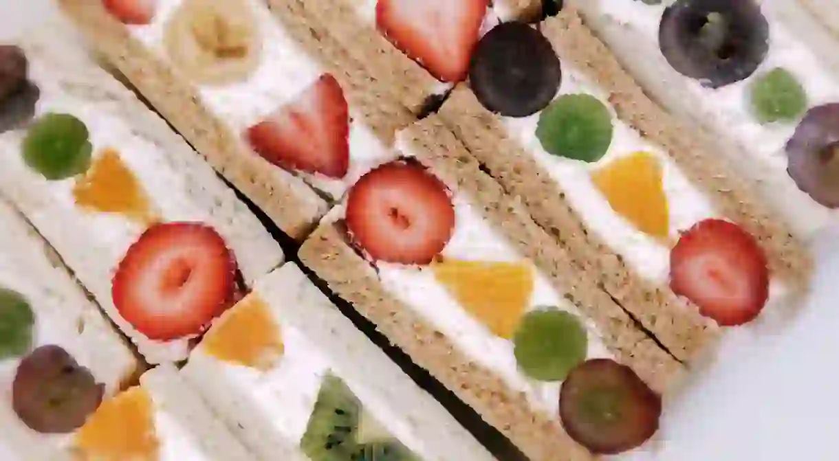 Strawberry, orange, kiwi, and grape sandwiches