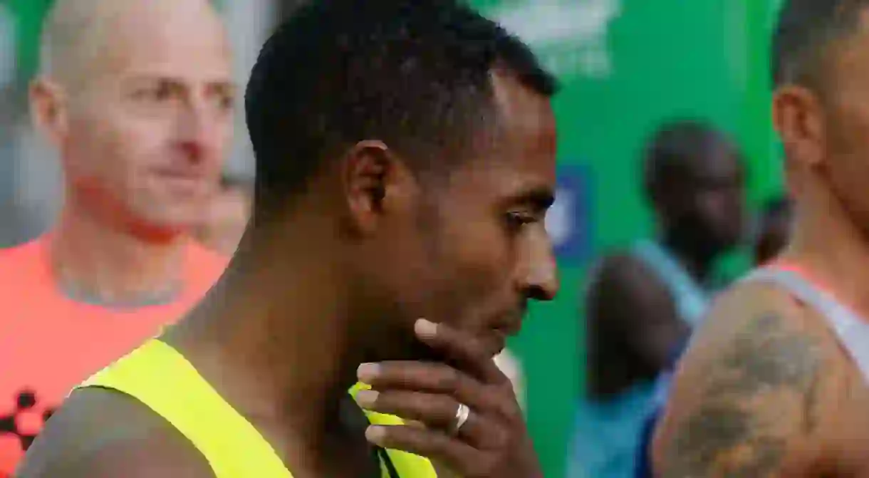 Ethiopias Kenenisa Bekele concentrates before the beginning of the 2014 Paris Marathon