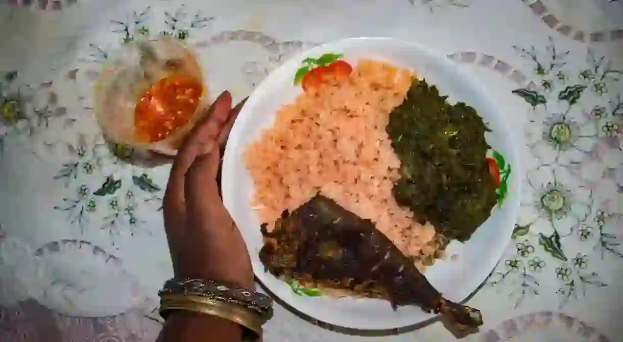 Rice, grilled fish and pondu