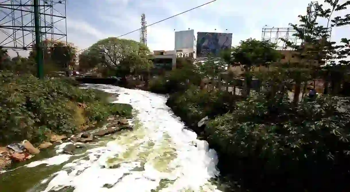 Bengalurus Burning Lake, the Bellandur Lake, seen here in the outskirts of the city with large amounts of toxic foam 