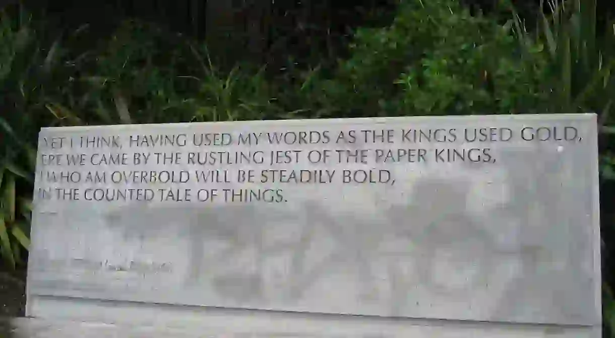 Concrete sculpture of Robin Hydes words in Wellington, New Zealand