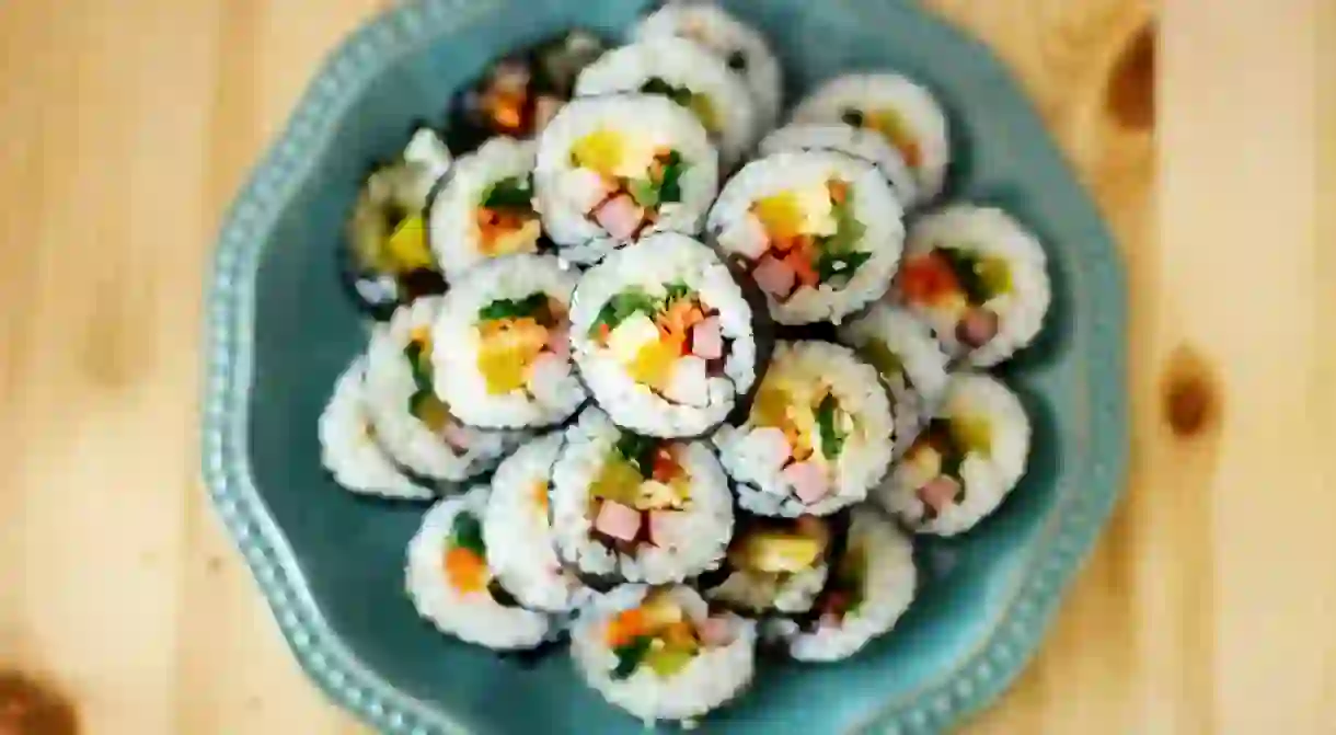 Gimbap is a Korean food made from steamed white rice and various other ingredients