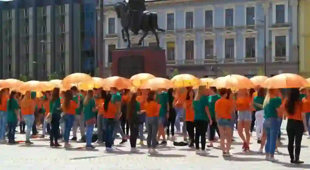 High school graduates perform traditional Dance on the Square of Liberty in Zrenjanin, also known as European Quadrille Dance Festival