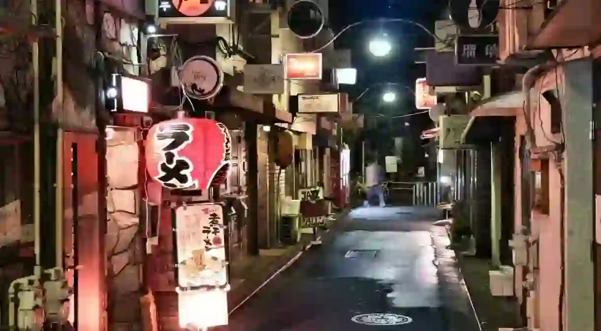 Narrow streets of Golden Gai restaurant area in Tokyo, Japan