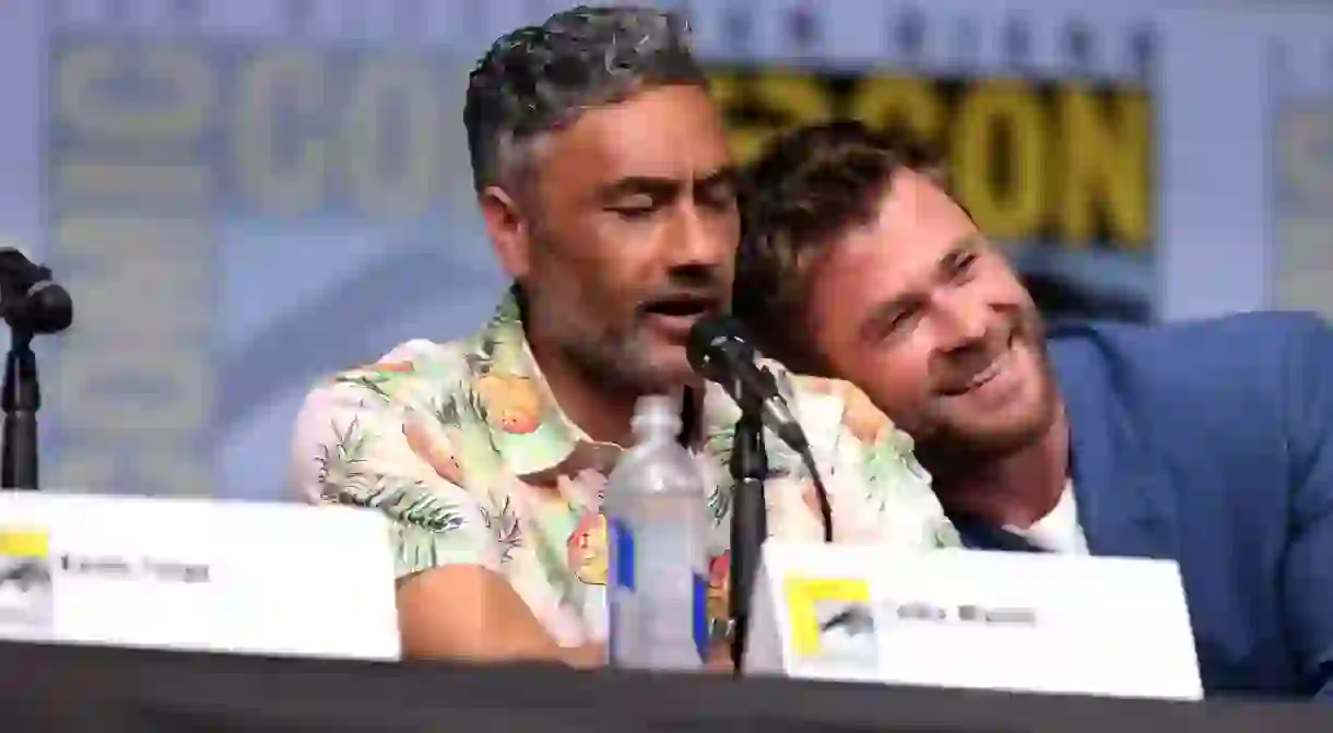 Taika Waititi and Chris Hemsworth during a press junket for Thor: Ragnarok