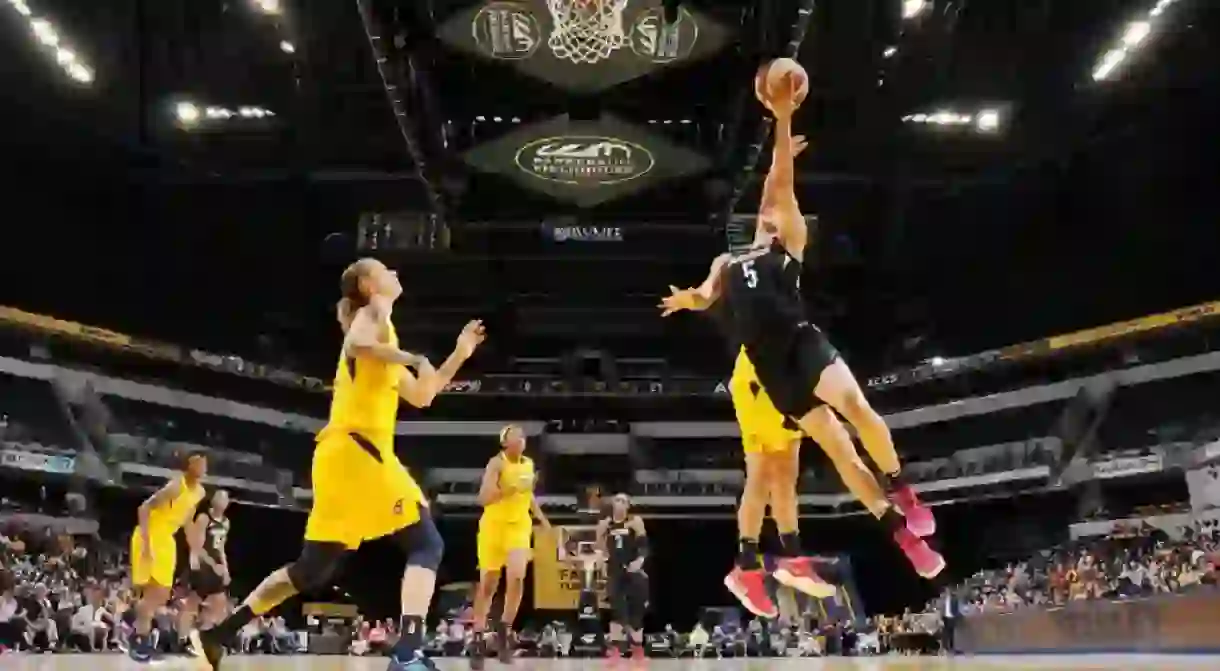 Dearica Hamby of the Las Vegas Aces drives to the basket