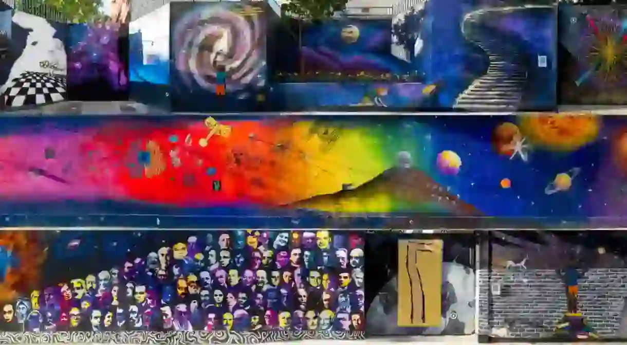 The various segments of the street mural dedicated to science