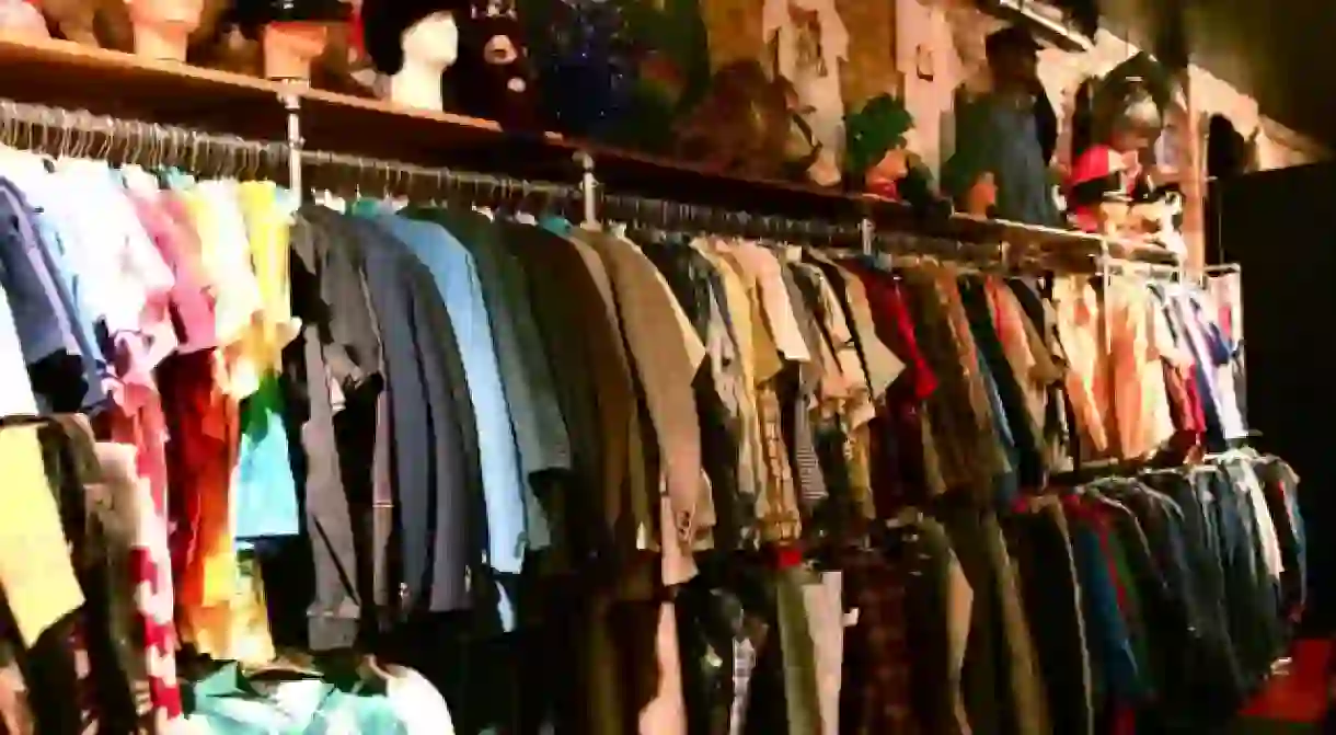 Clothes hanging in a vintage shop