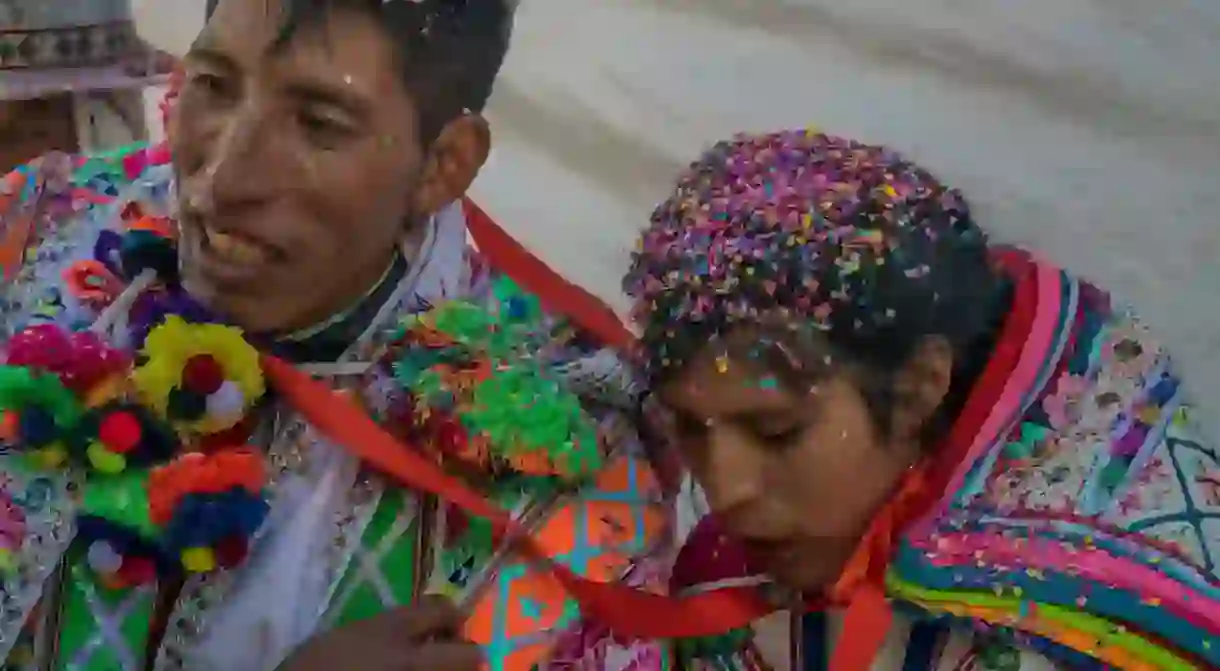 In a traditional Andean wedding ceremony the couples unification is celebrated in the presence of their most revered goddess, Pachamama