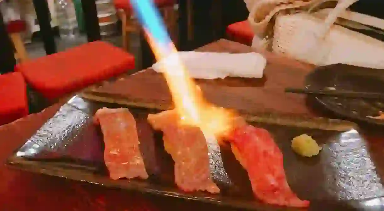 Blowtorched Salmon Nigiri Sushi