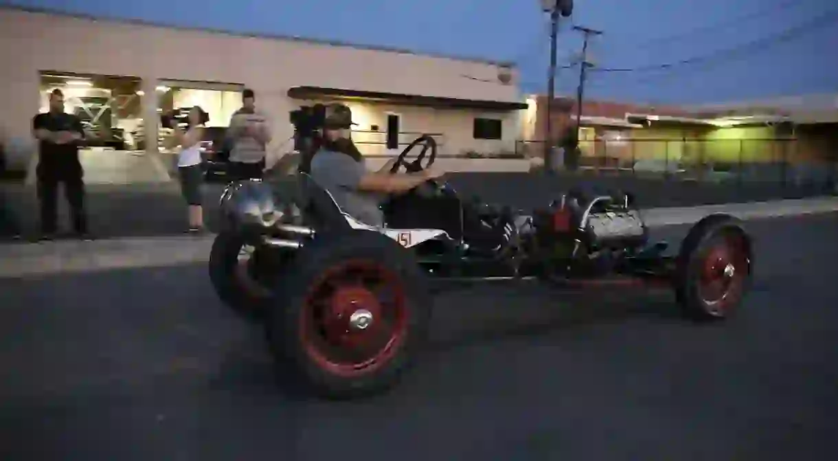 Aaron Kaufman of Shifting Gears tests out one of his racing cars