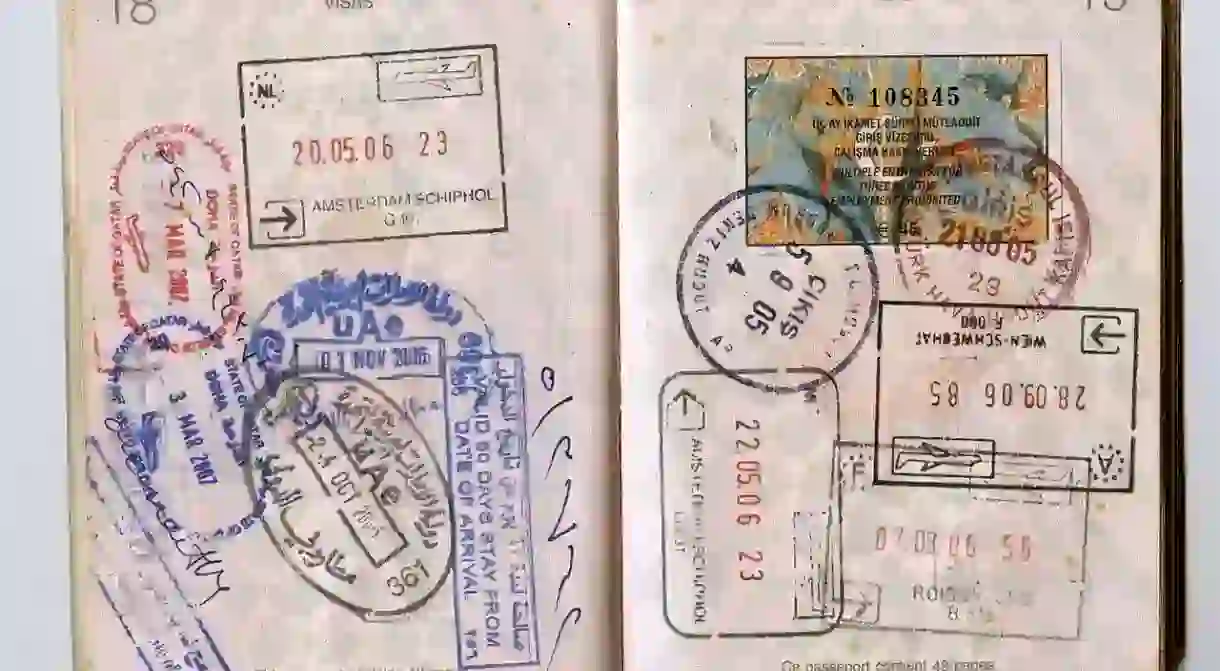 Passport stamps in a Canadian passport