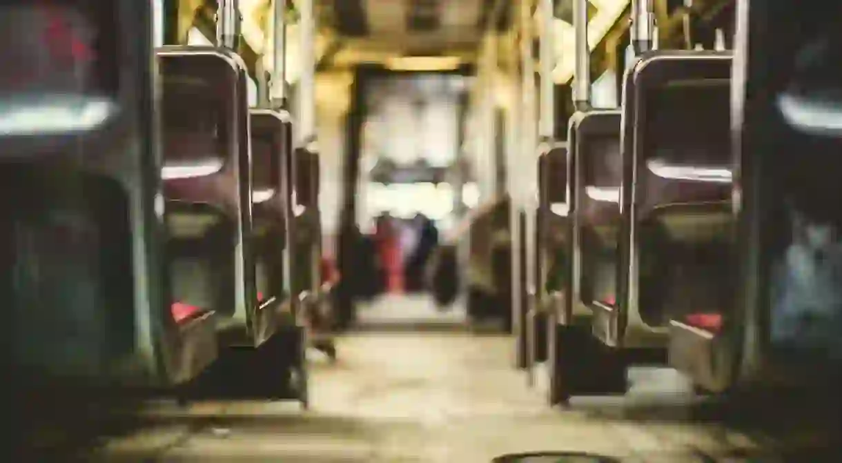 Inside a tram carriage.