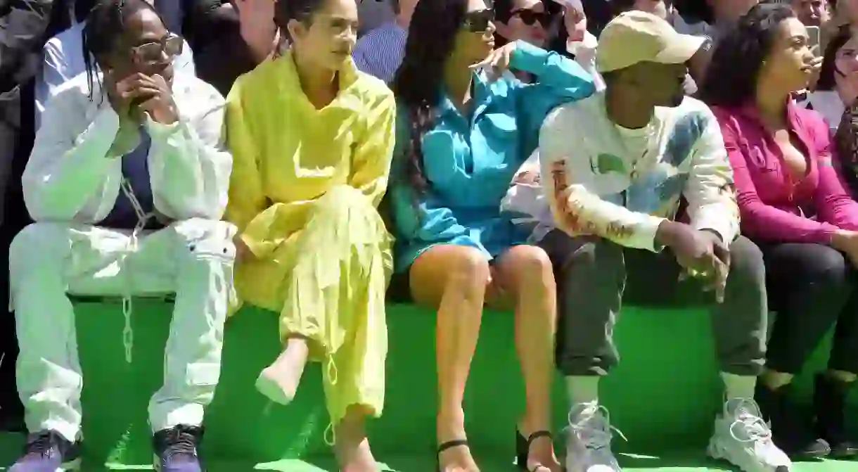 L to R, Travis Scott, Kylie Jenner, Kim Kardashian and Kanye West in the front row Louis Vuitton show, Front Row, Spring Summer 2019, Paris Fashion Week Mens