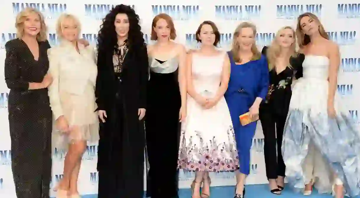 L to R, Christina Baranski, Judy Cramer, Cher, Jessica Keenan Wynn, Alexa Davies, Meryl Streep, Amanda Seyfried and Lily James Mamma Mia! Here We Go Again film premiere