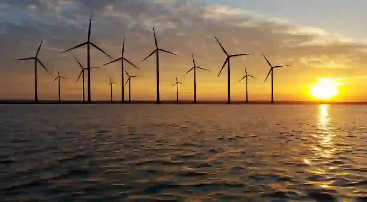 Offshore wind farms capture energy from wind out at sea.