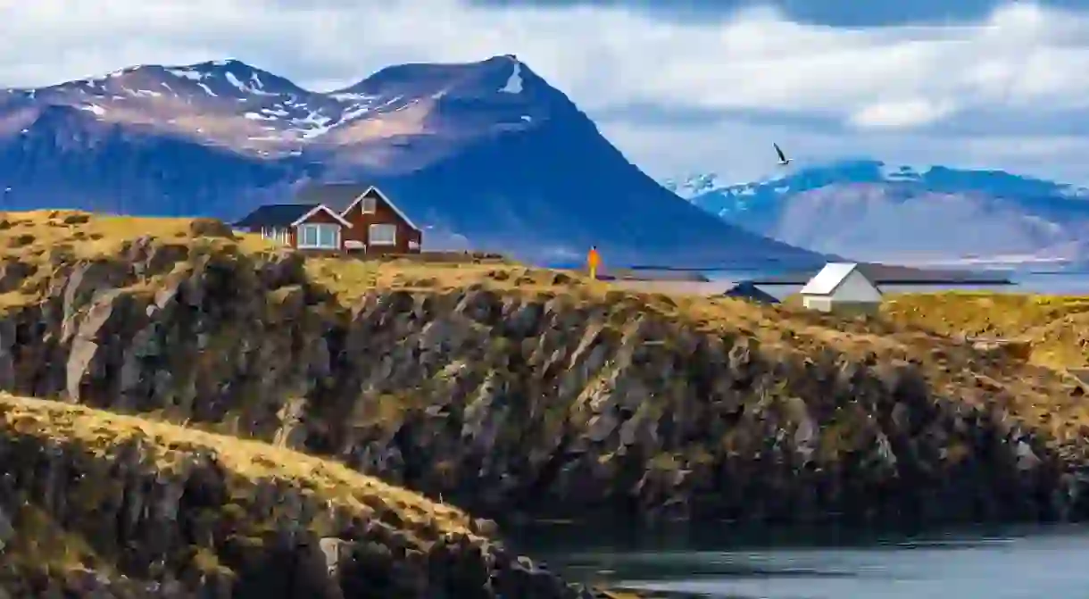 Houses against mountains in village of Stykkisholmur, Western Iceland