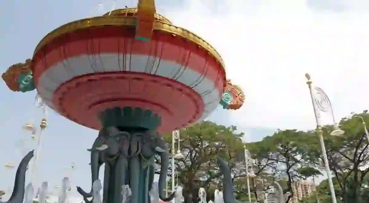 A colorful ornamental fountain known as the Little India Fountain