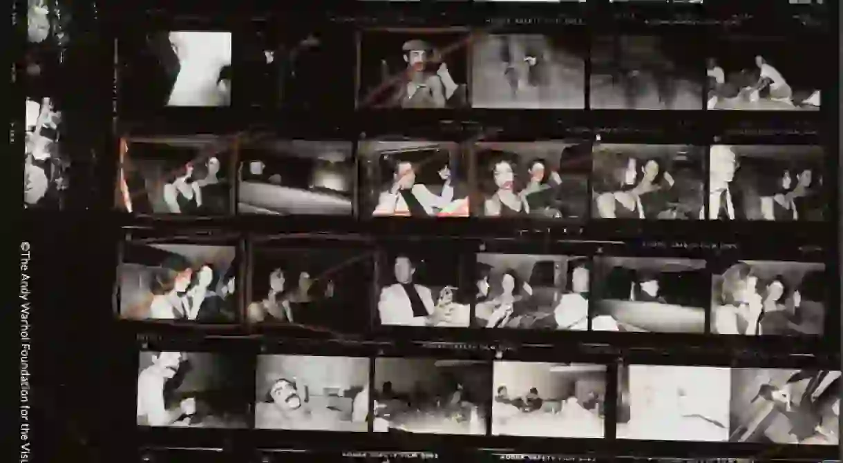 Andy Warhol, ‘Contact Sheet [Andy Warhol, Bianca Jagger, Halston, Diane de Beauvau, Bethann Hardison at Elton John concert; In the back of a limousine; At Halston’s apartment, Andy Warhol photographing Bianca Jagger shaving in the living room],’ 1976