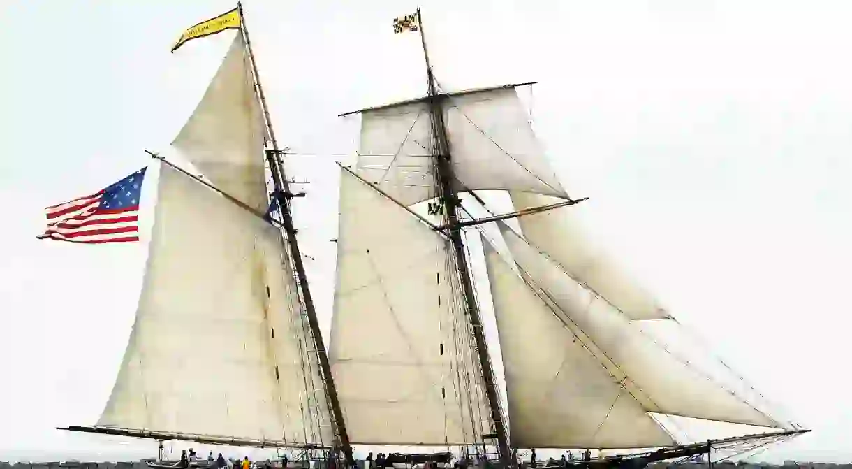 Pride of Baltimore II sails proudly at the Cleveland Tall Ships Festival.