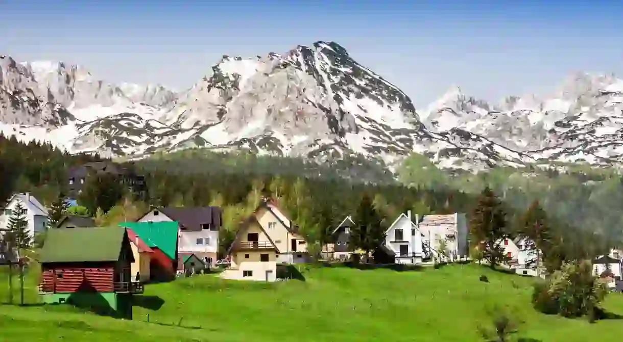 Local houses overlooking the mountains in Montenegro