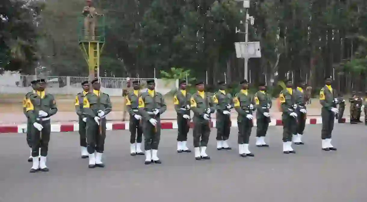 Soldiers take part in celebration for the 57th Anniversary of Independence, Brazzaville, Republic of Congo