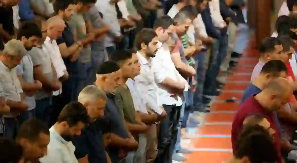 Turkish Muslims pray at the Suleymaniye Mosque