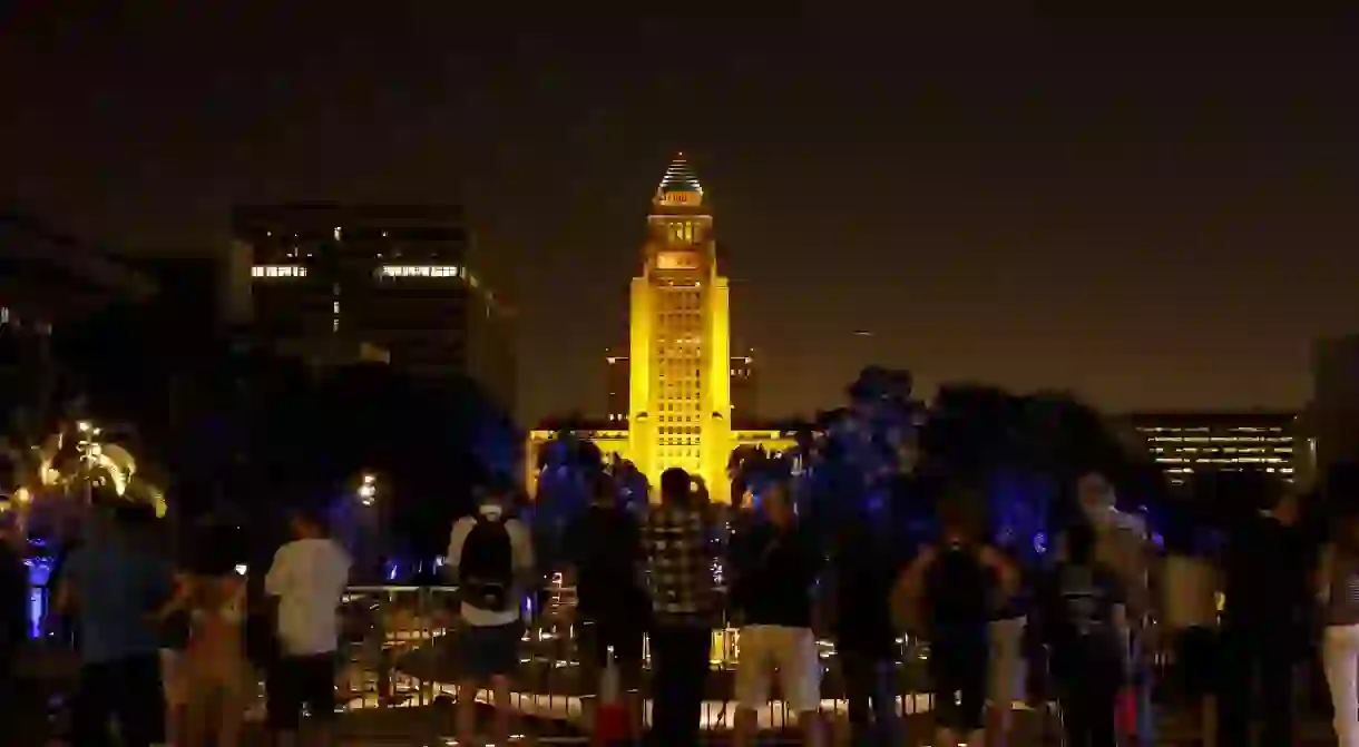 Los Angeles City Hall is illuminated in honor of Jonathan Gold