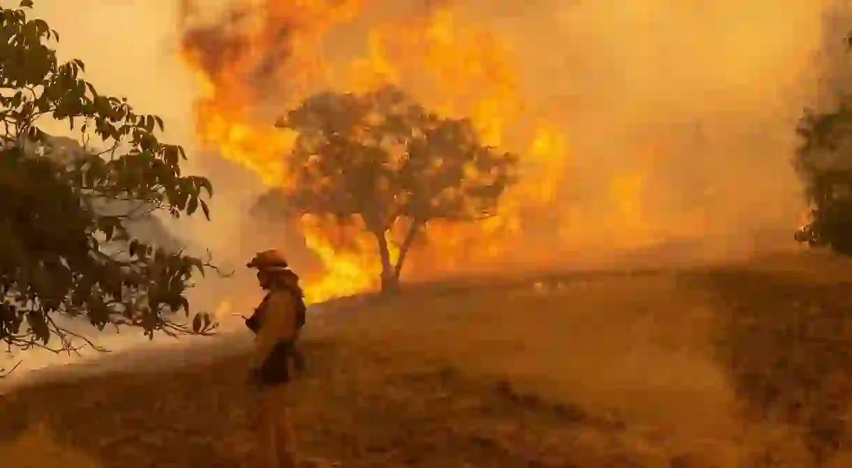 A Sonoma County firefighter monitors a portion of the devastating Carr Fire on 30 July 2018