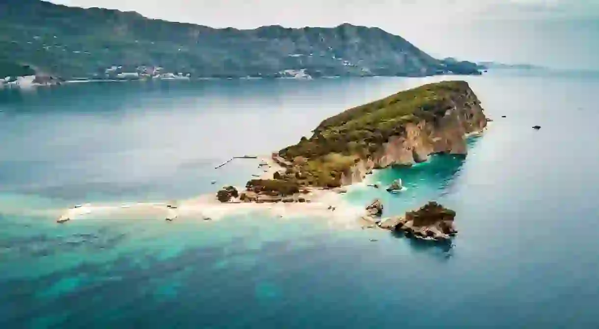 Aerial view of Sveti Nikola Island near Budva city at Adriatic Sea in Montenegro.