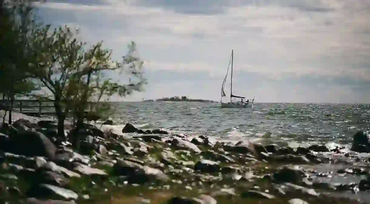 Sailing past the rocky islands on the Finnish archipelago