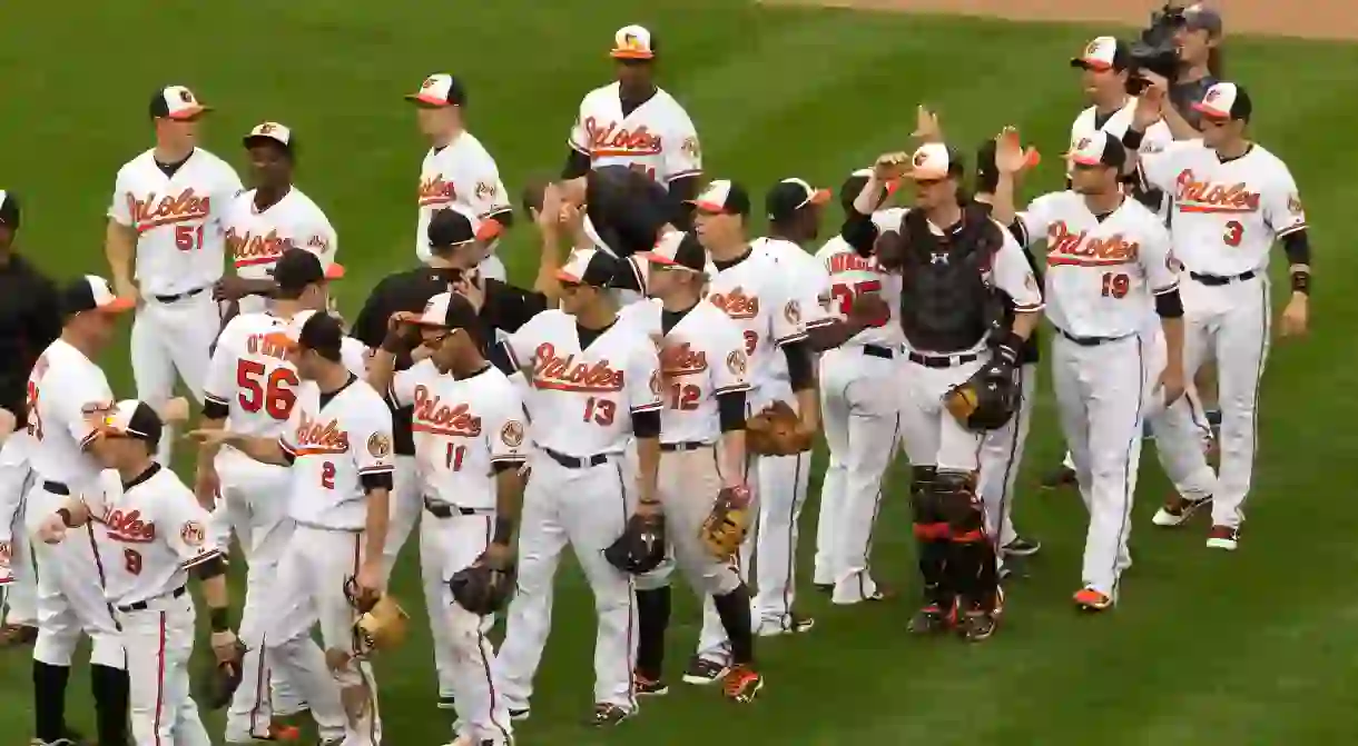 The Baltimore Orioles in their regular uniforms.