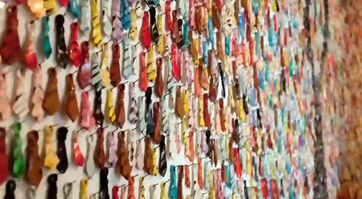 Many small necktie souvenirs in a shop in Croatia