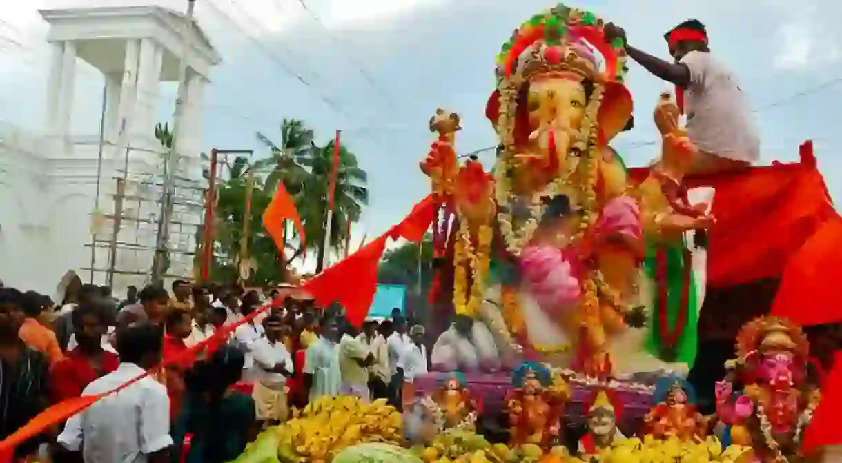 On the last day of Ganesh Chaturthi, the idol is taken on a procession through the streets, riding with joyous worshippers