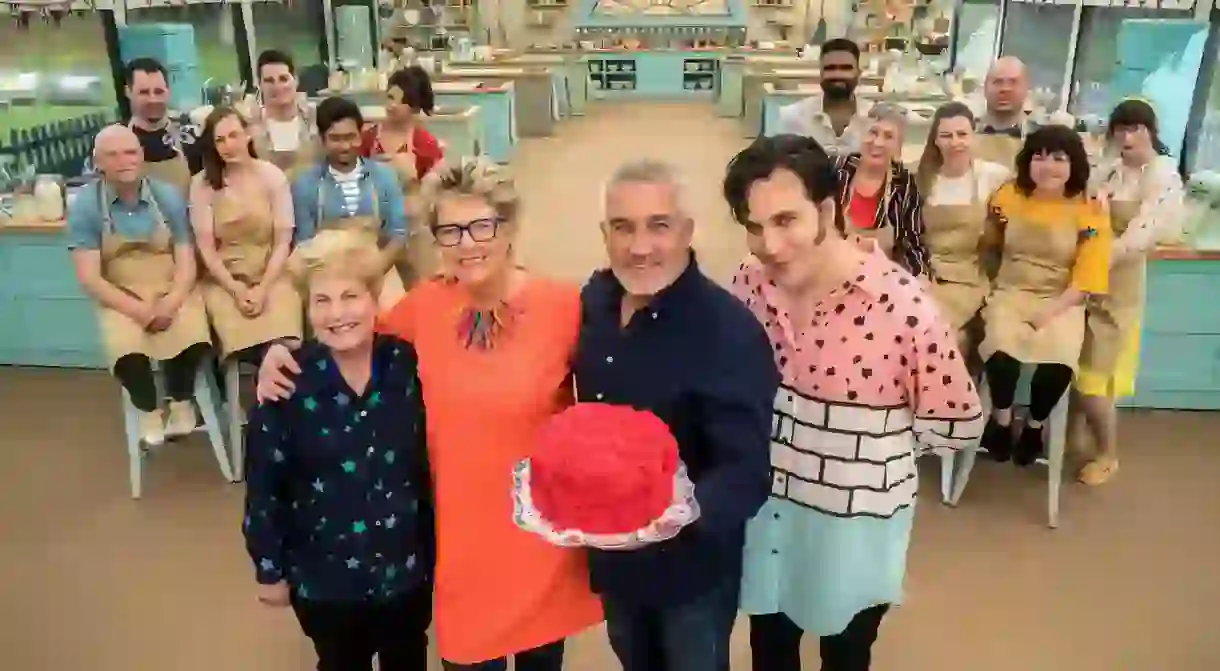 Great British Bake Off judges and presenters (left to right) Sandi Toksvig, Prue Leith, Paul Hollywood and Noel Fielding with 2018s contestants