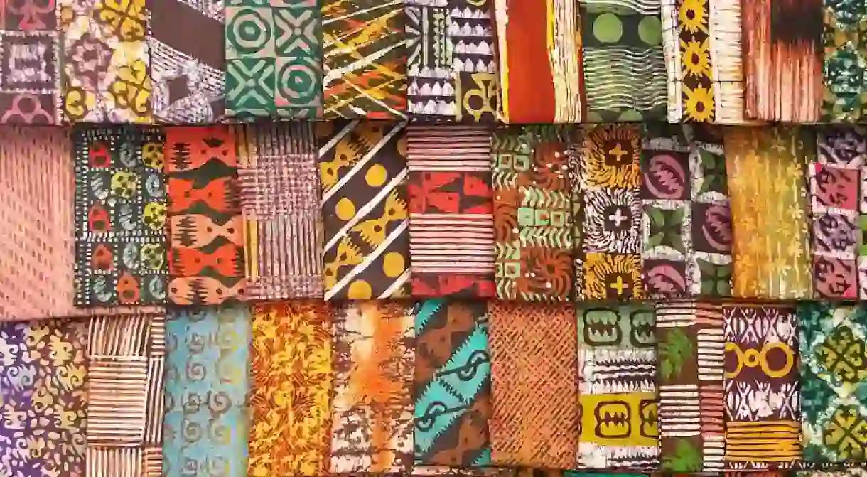 Kente cloth stamped with Adinkra symbols