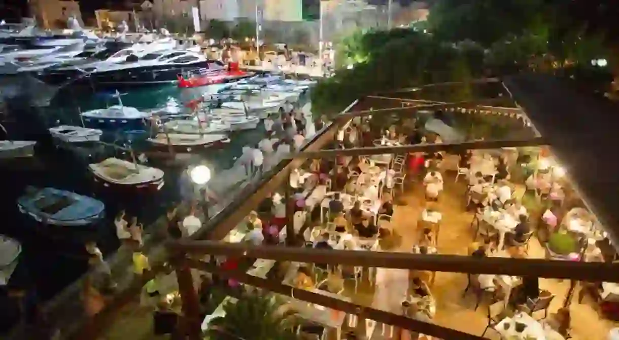 The stylish terrace of The Old Fishermans Pub in Budva, Montenegro