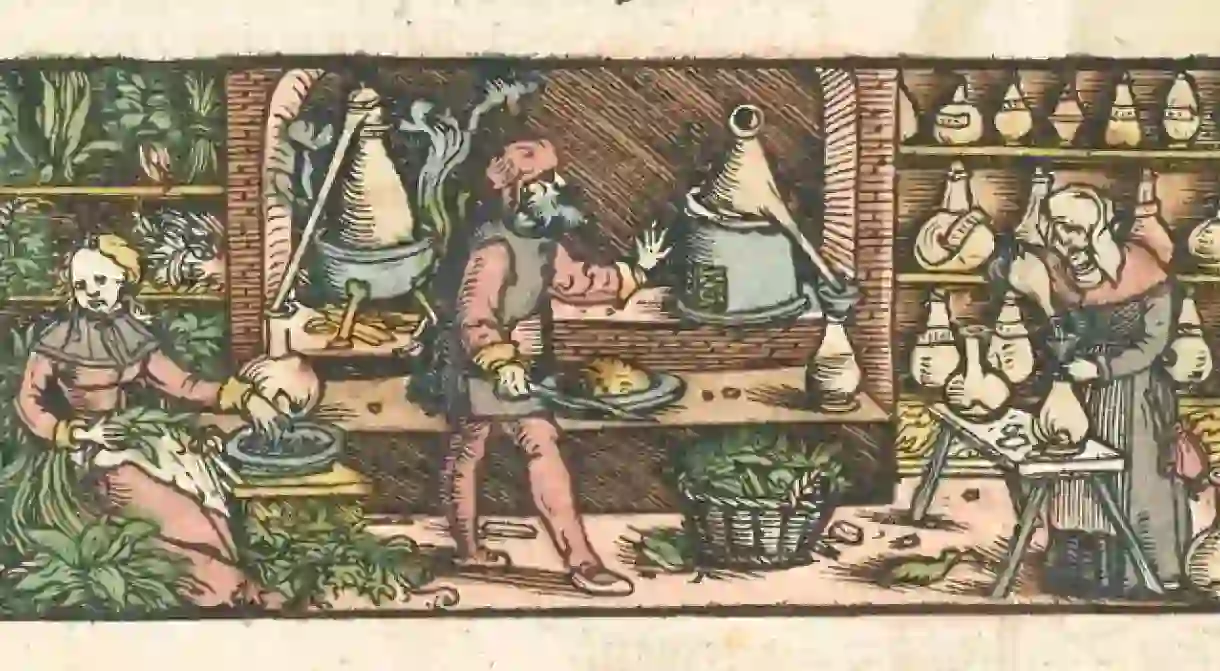 Women and men take part in distilling medicines c.1550