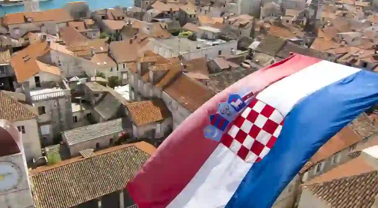 Croatian flag on the city of Trogir in Dalmatia