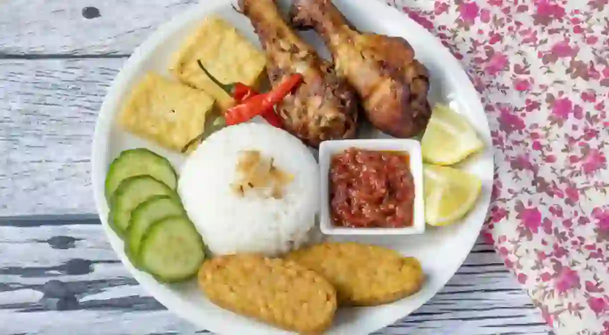 Ayam penyet with sambal belacan, tempeh and tofu