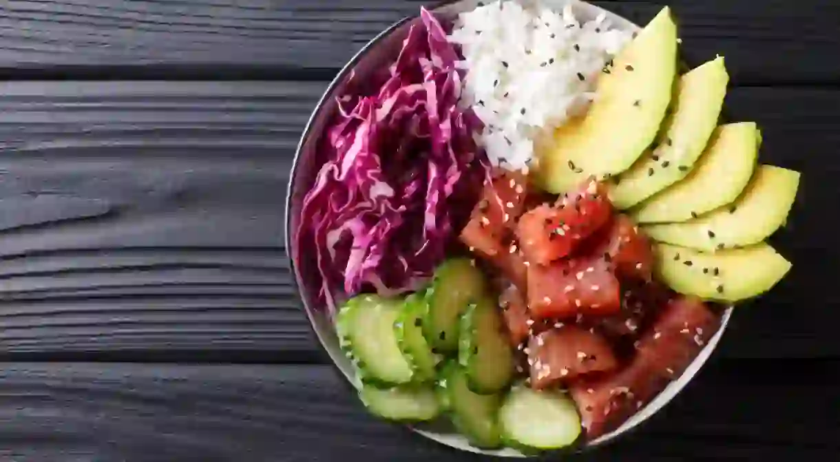 Raw Organic Ahi Tuna Poke Bowl with Rice and Veggies