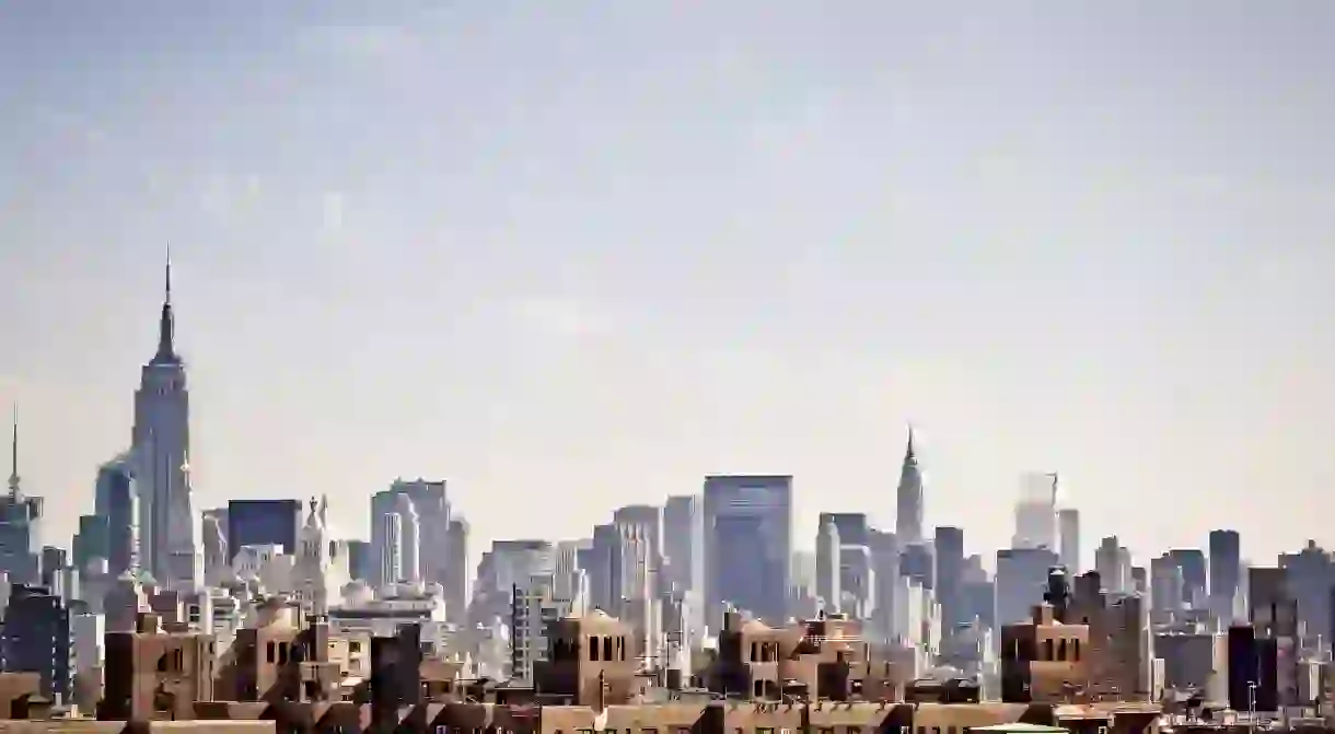 The New York City skyline as seen from the Brooklyn Bridge