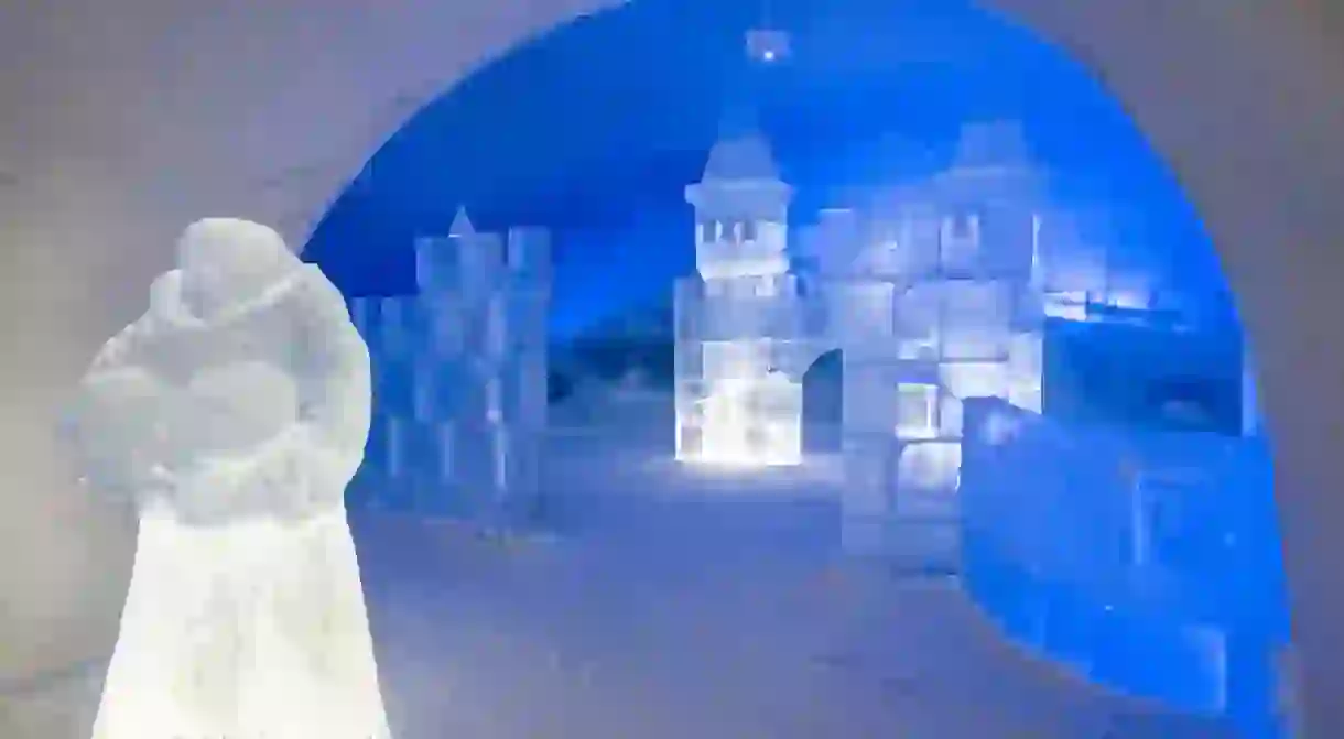 Collection of ice sculptures at the Kemi Snowcastle, Lapland.