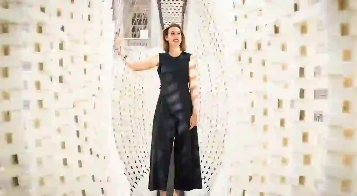 Designer Nassia Inglessis with her installation from Greece at London Design Biennale 2018, which takes over the entirety of Somerset House in London.