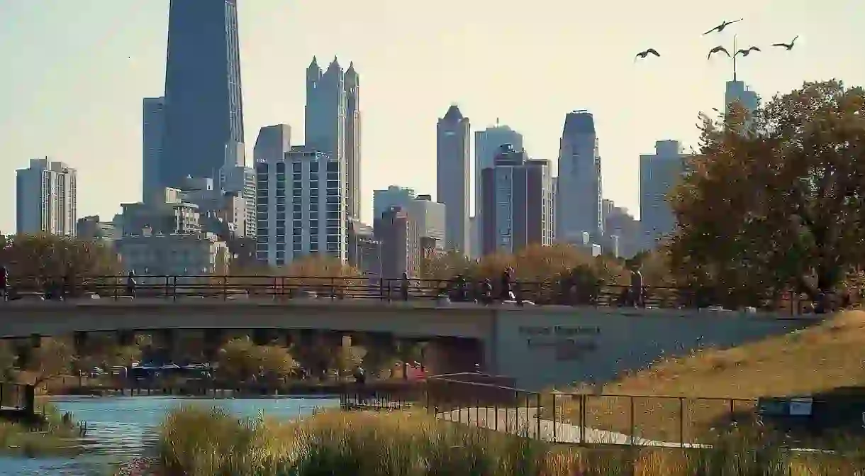 Chicagos Lincoln Park Nature Boardwalk in fall.